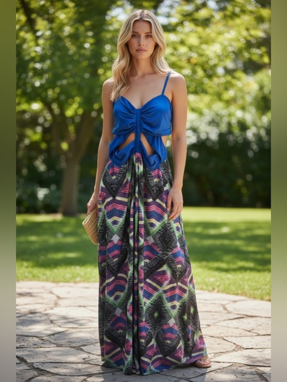 bebe Blue Tie-Front Maxi Dress with Multicolor Patterned Skirt